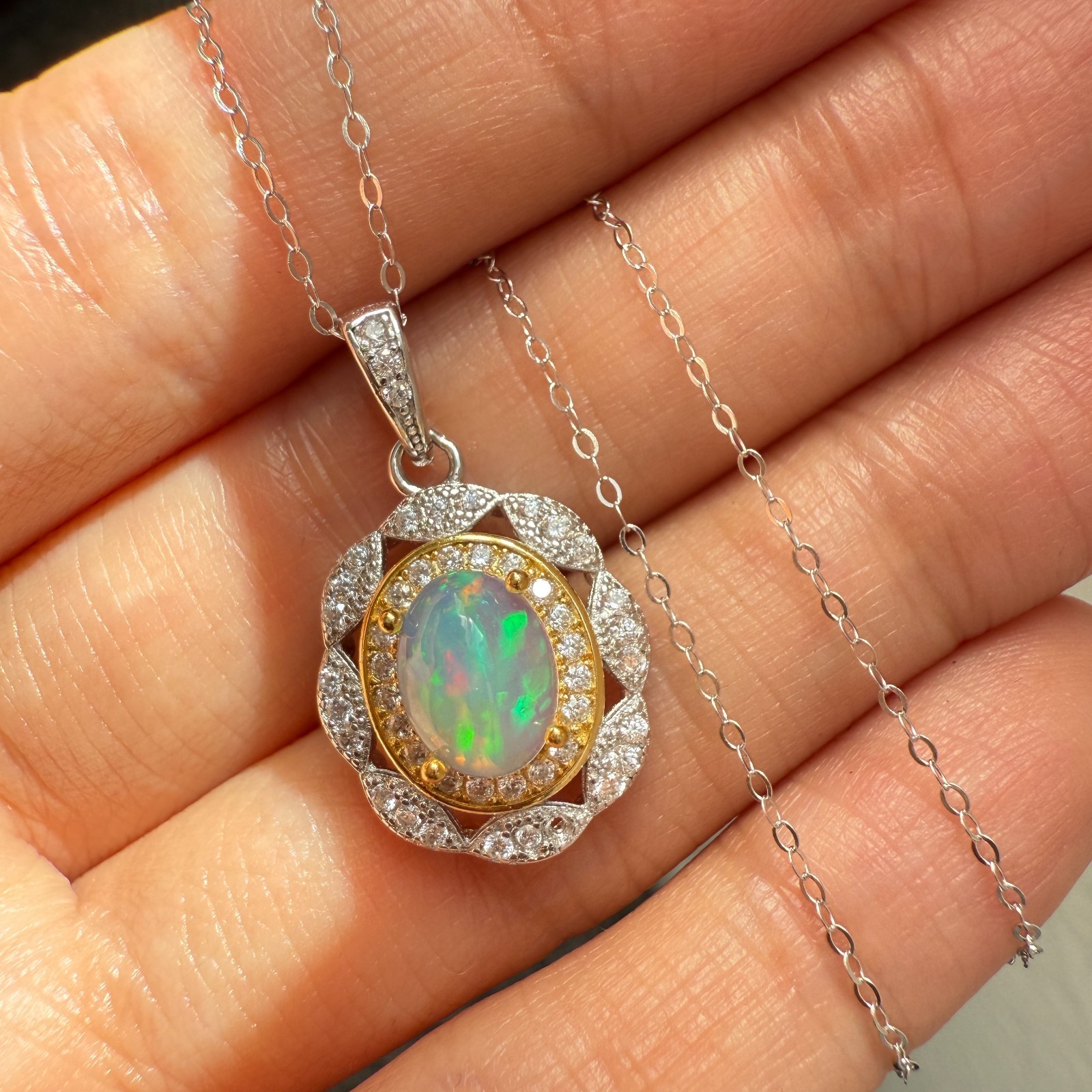 925 Sterling Silver Necklace 8x6mm Natural Opal Handmade Flower Birthstone