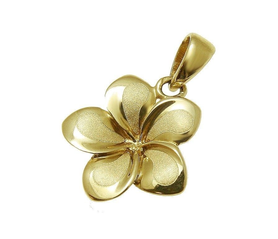 13MM SOLID 14K YELLOW GOLD HAWAIIAN FANCY PLUMERIA FLOWER PENDANT CHARM