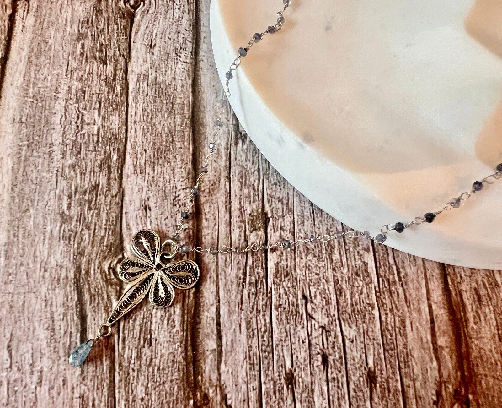 Antique Style Silver Filigree Dragonfly Necklace Labradorite & Aquamarine Beads