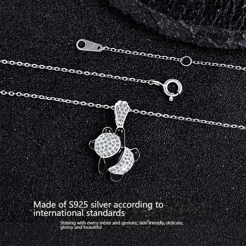 BlackBearPendantNecklace Full CZ SparklingUnique Dainty Korean Style S925 Silver
