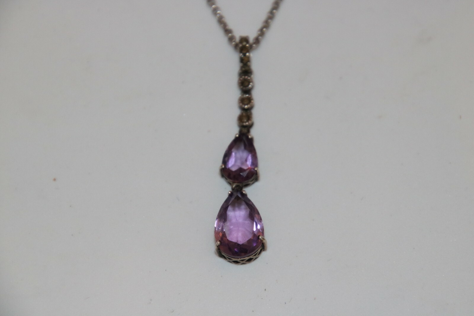 Two Pear Shaped Amethysts and Marcasite Sterling Silver Pendant Necklace 5 Grams