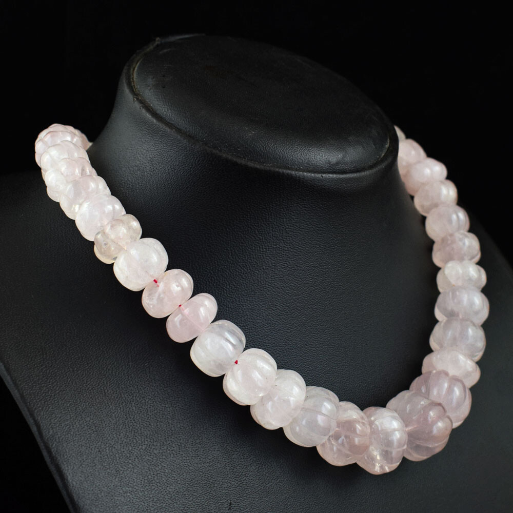 657 Cts Natural Pink Rose Quartz Flower Carved Beads Womens Necklace JK 12E369