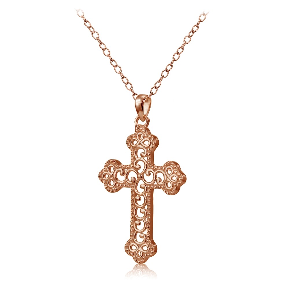 Rose Gold Flashed Sterling Silver High Polished Filigree Cross Bottony Necklace