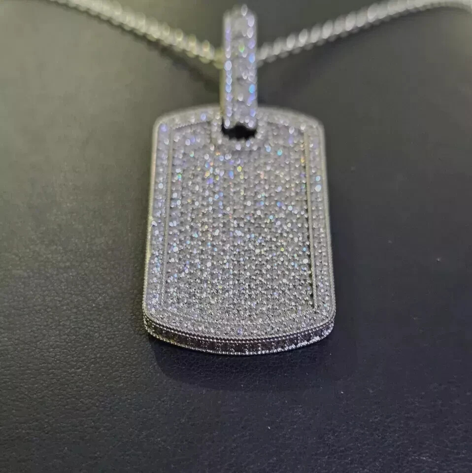 2Ct Round Cut Real Moissanite Dog Tag Pendant 14K White Gold Plated Silver