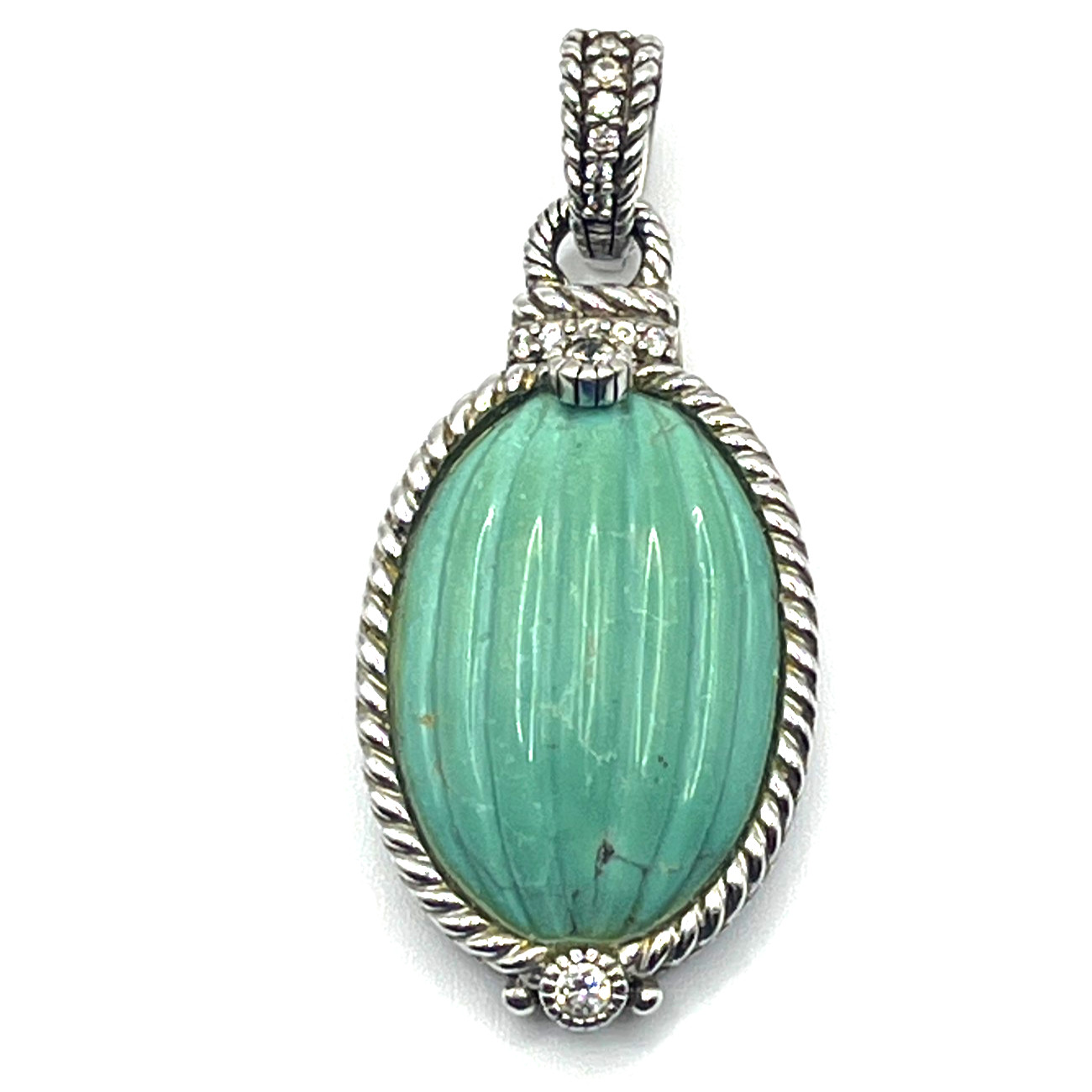 Judith Ripka Enhancer Pendant 2″ Turquoise Carved Diamonique Twist Sterling 925