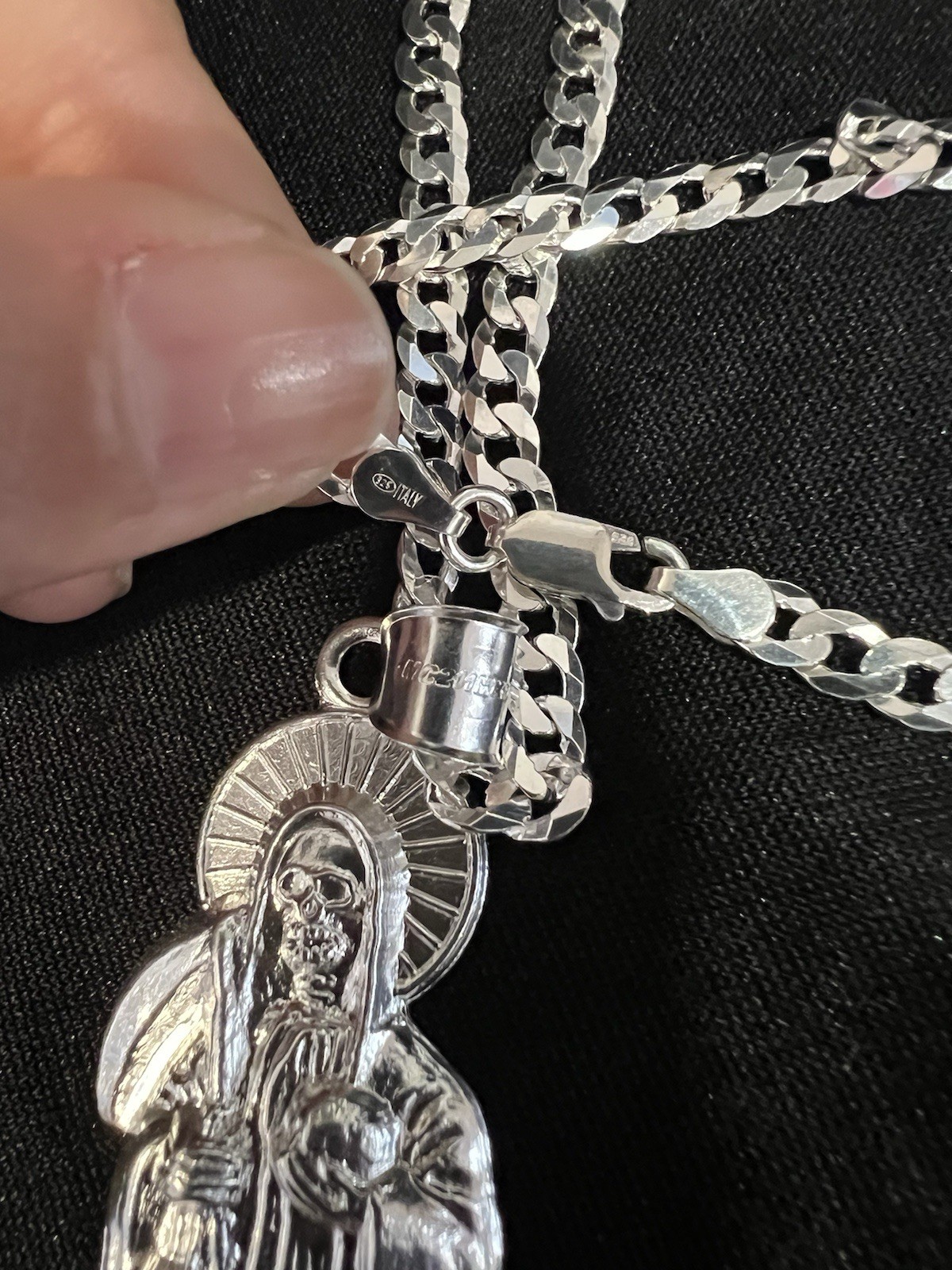 925 Sterling Silver Big Men Women Santa Muerte Grim Reaper & Curb Chain 20 26 30