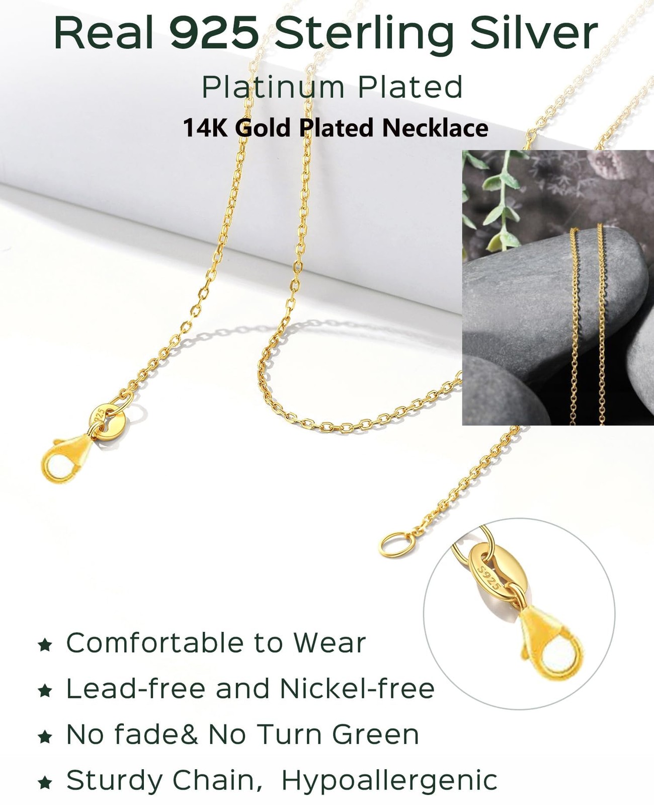 14K Gold Over 925 Sterling Silver 18″ 1.6mm Cable Chain for Women, Sturdy Shiny