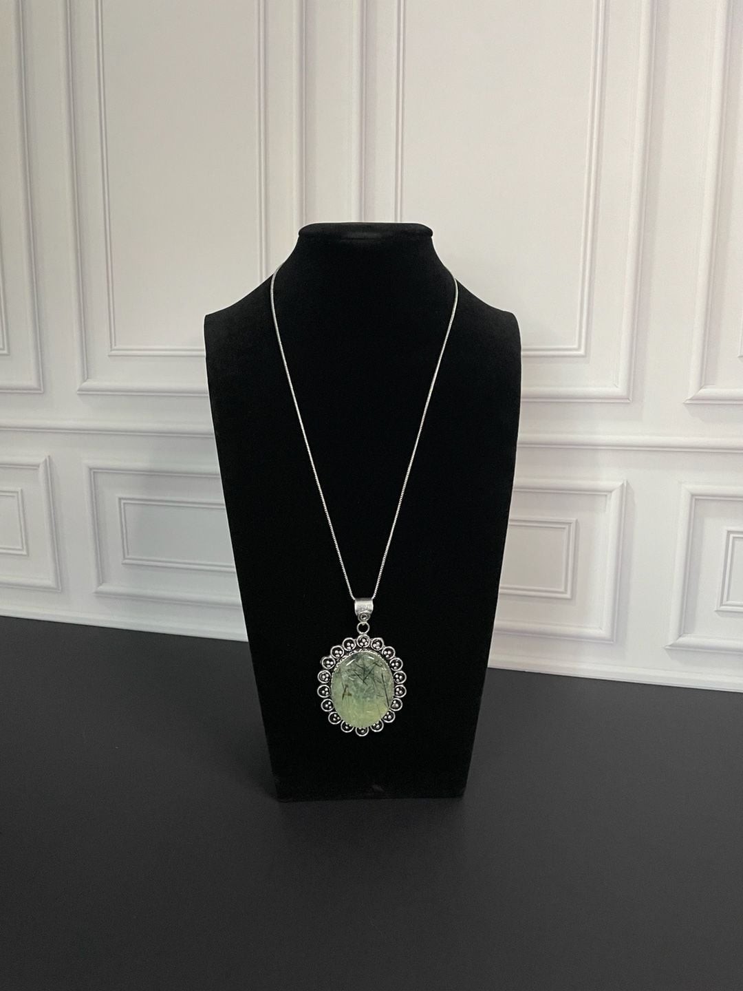 Oval Prehnite Pendant Necklace with Chain in German Silver