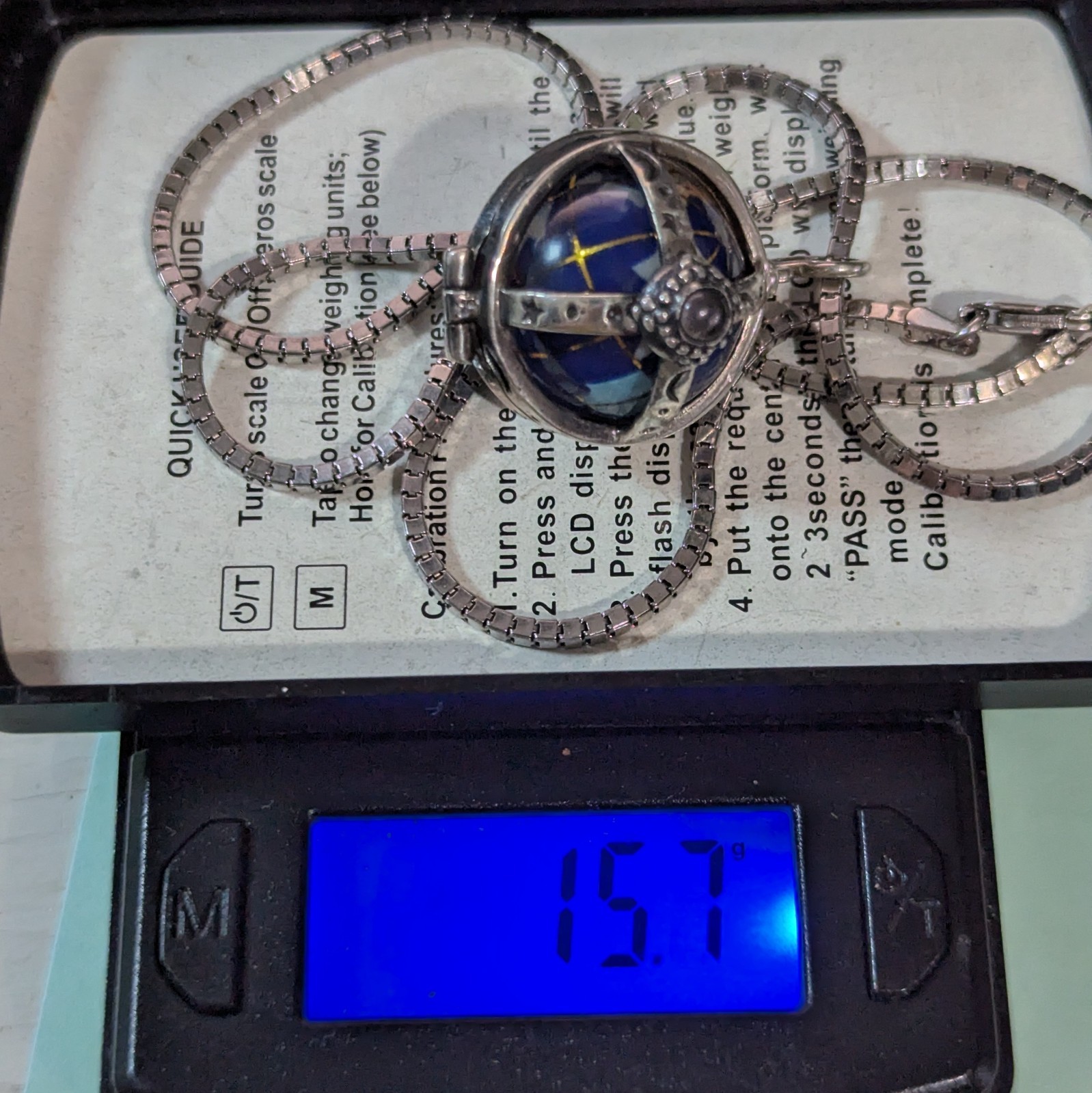 15.7g Natural Gemstone Inlayed Cage Sterling Silver Globe 18″ Box Chain Necklace