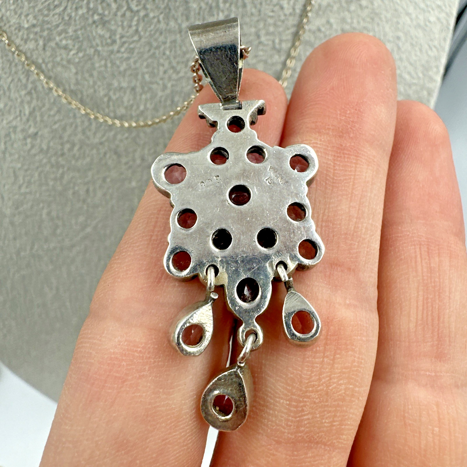 Vintage Amethyst Handmade Sterling Silver Cluster Pendant on 18″ 925 Necklace