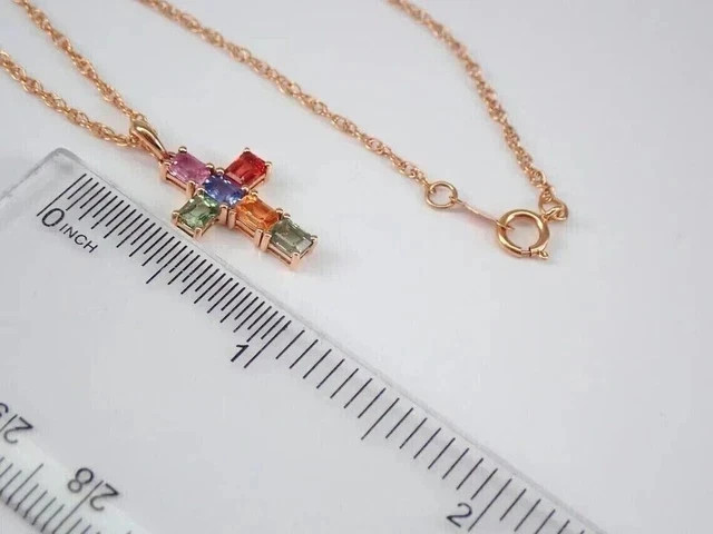 Emerald Cut LabCreated Multicolor Women Cross PendantChain 14kYellow Gold Plated