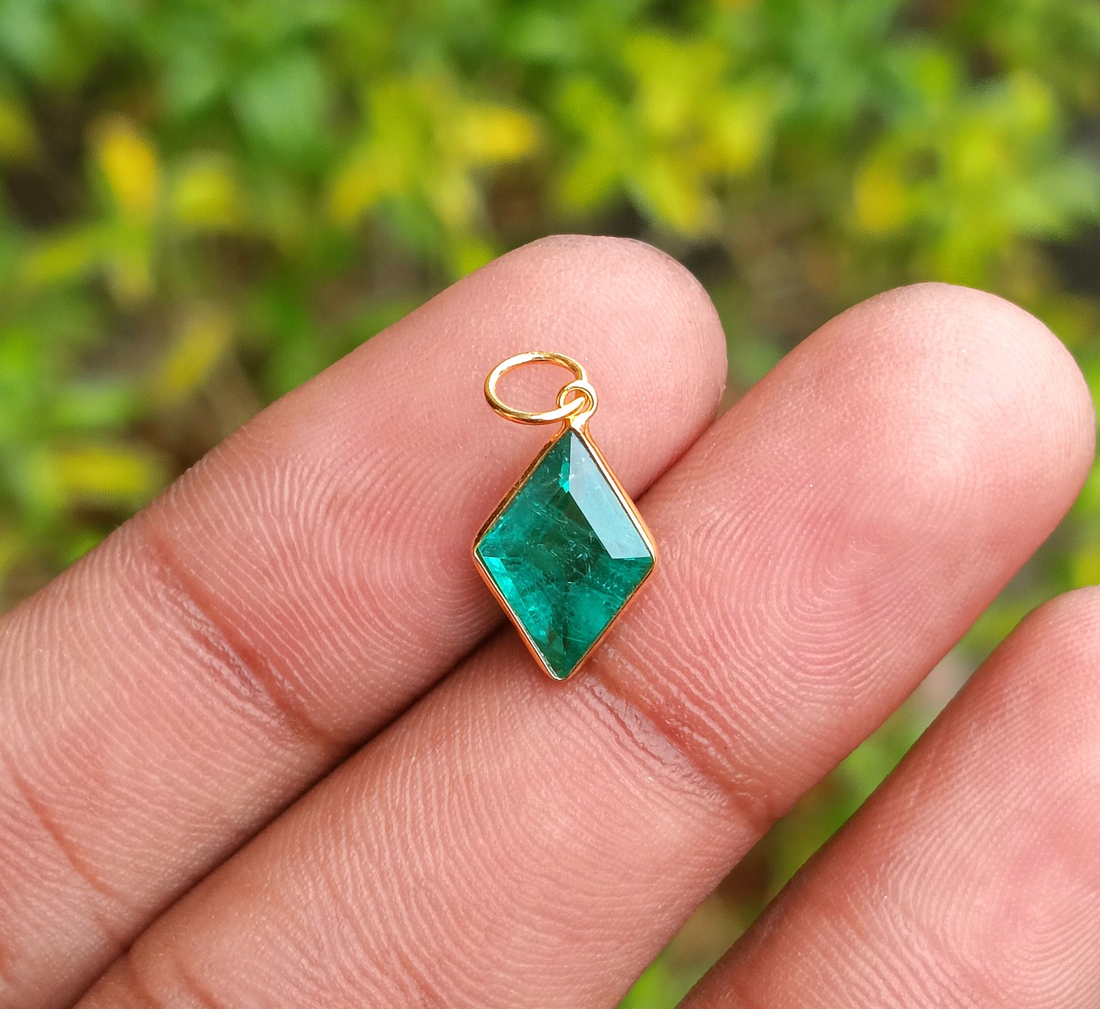 Emerald Gold Pendant, 18k Solid Gold Charm Handmade Necklace Gemstone Pendant