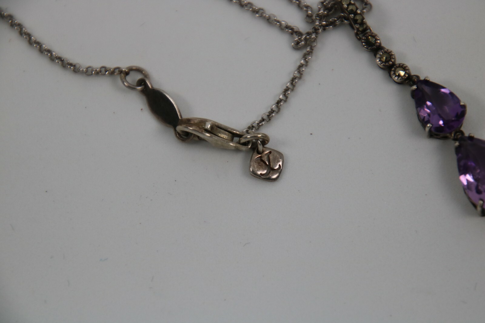 Two Pear Shaped Amethysts and Marcasite Sterling Silver Pendant Necklace 5 Grams