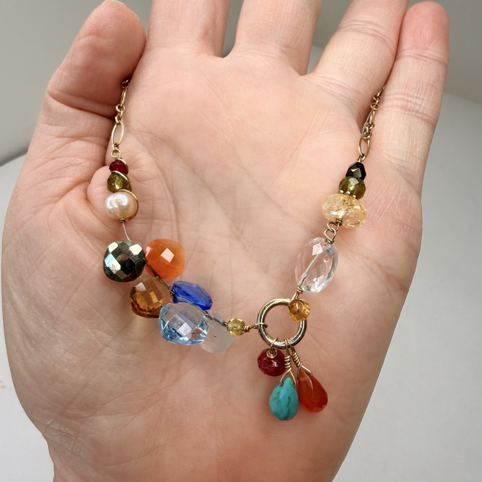 Anna Balkan Cluster Gemstone Necklace Pearl Topaz Carnelian Citrine Peridot Boho