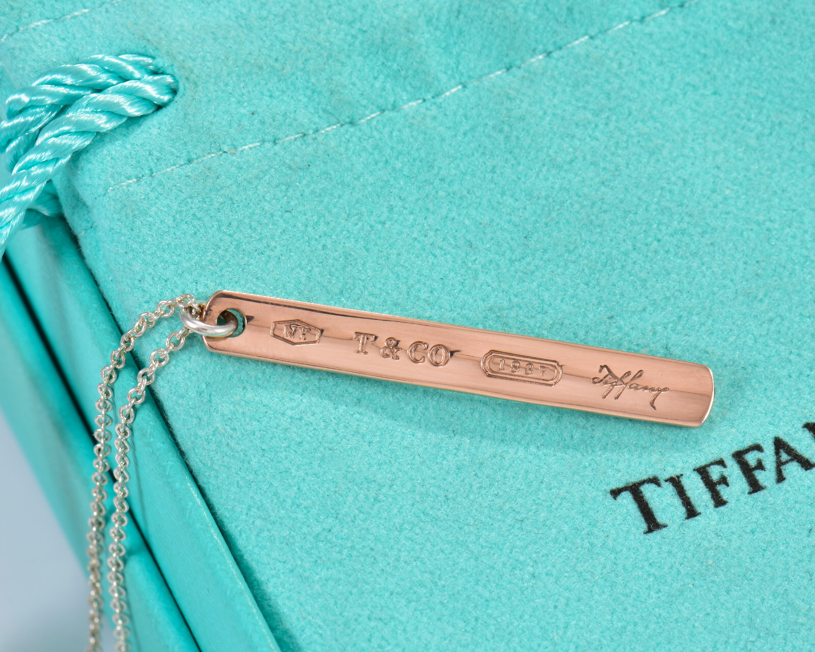Tiffany & Co Rubedo Gold Sterling Silver 1837 Thin Bar Pendant Necklace in Box
