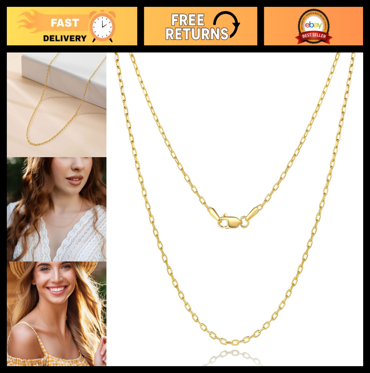 14K Gold Paperclip Chain Necklace for Women & Men – Minimalist Aesthetic Jewelry