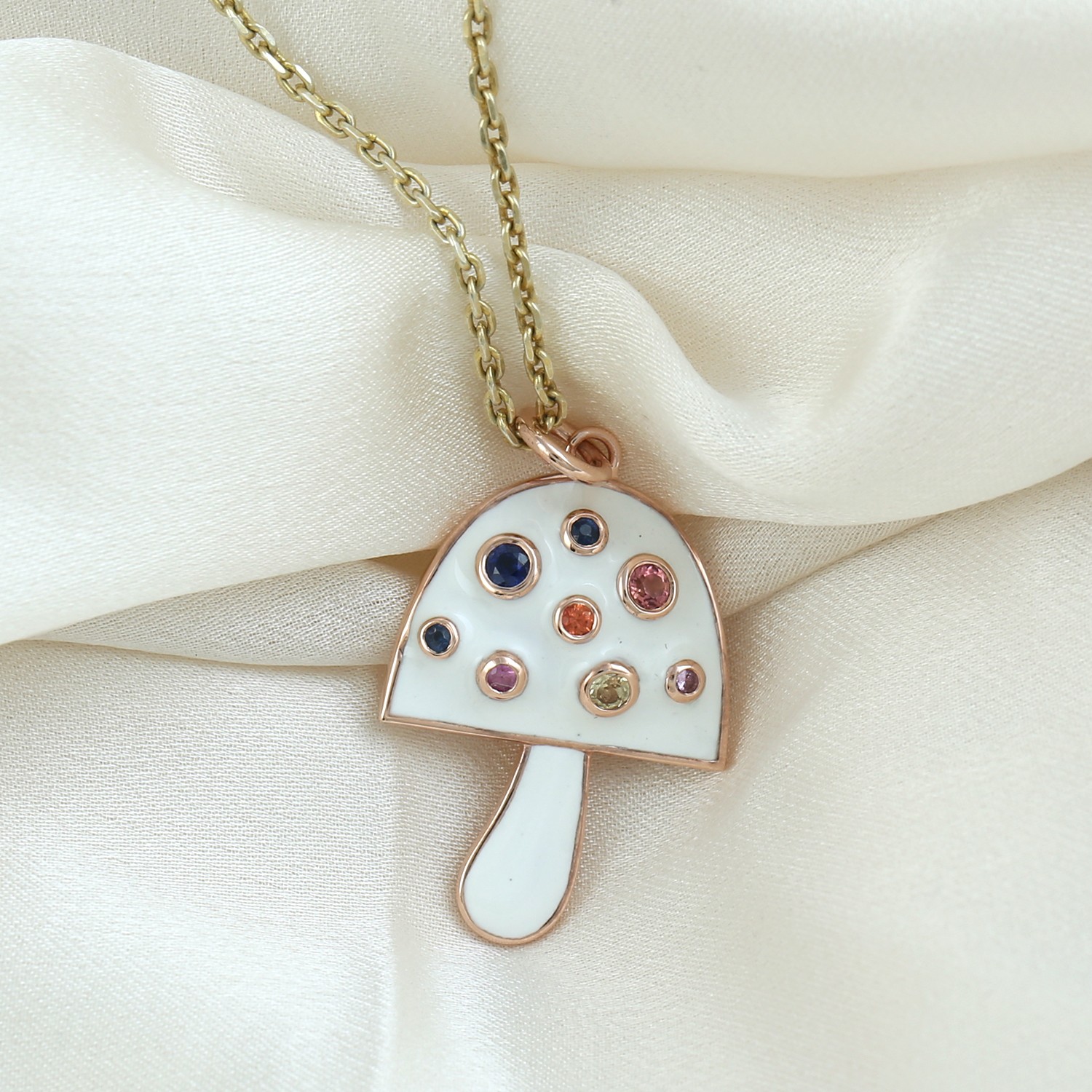 14k Rose Gold Multicolor Sapphire Mushroom Pendant Handmade Birthday Gift