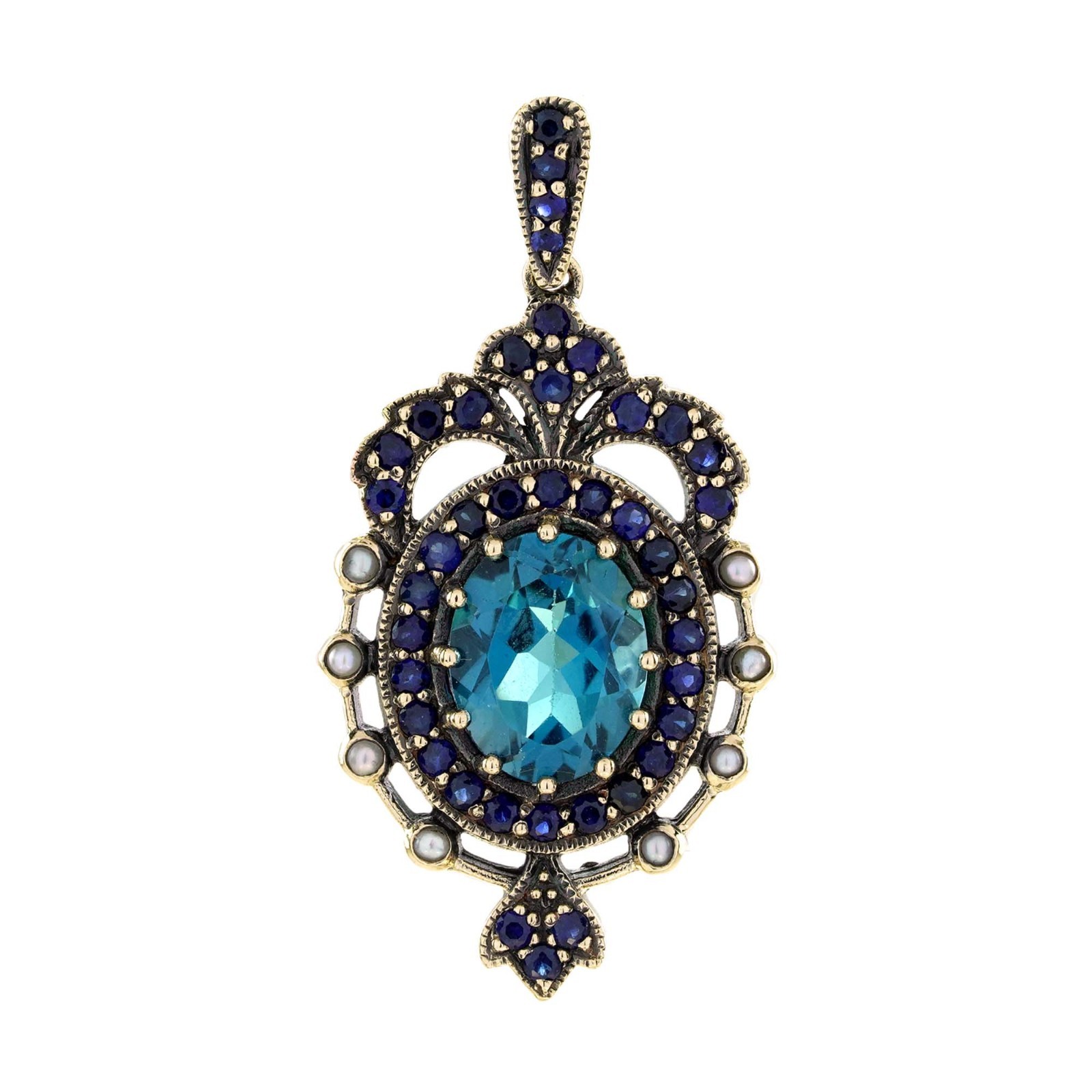 9K Gold Blue Topaz Sapphire Pearl Crown Pendant Vintage Style Pendant Necklace