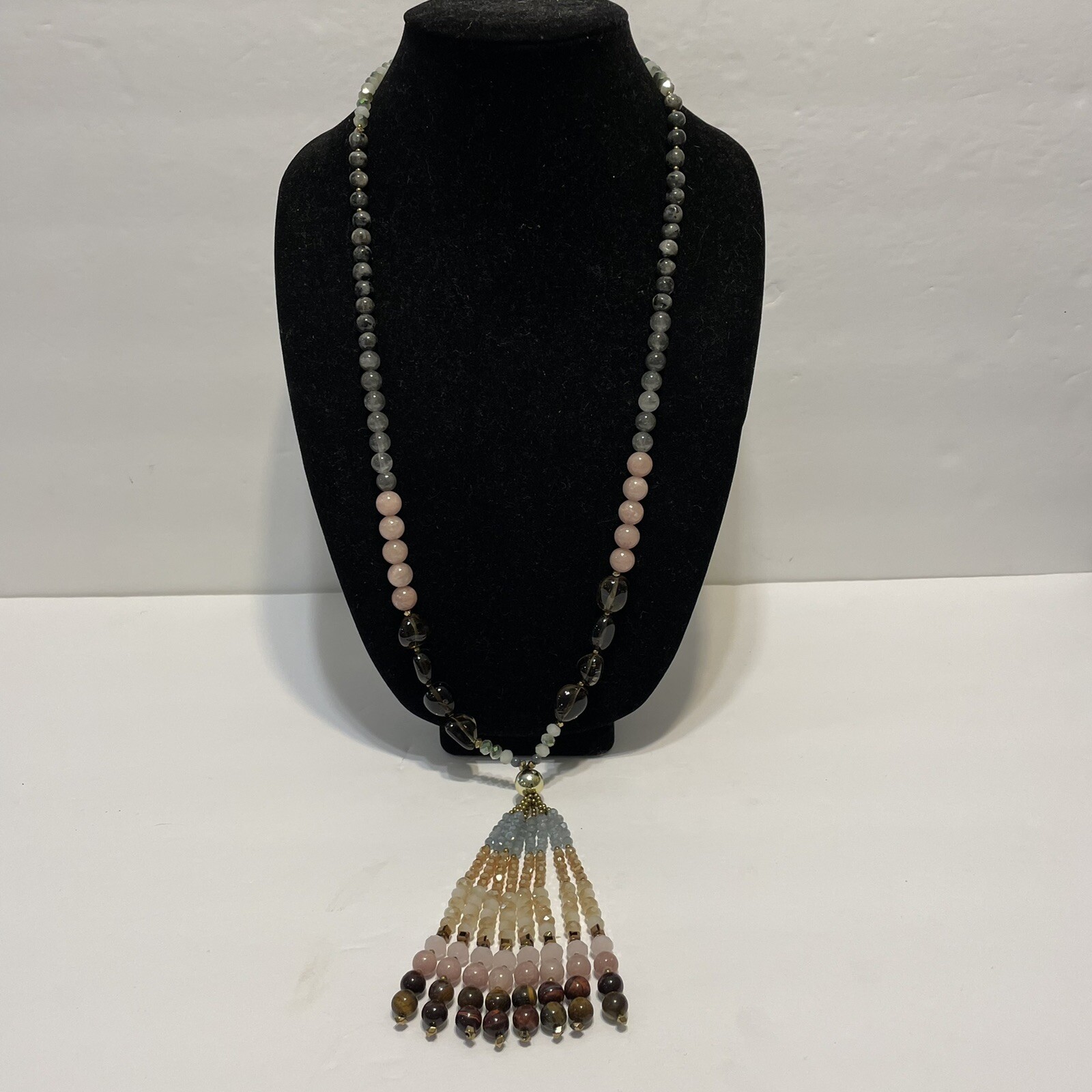 31-36” long tassel Beaded Necklace natural stones smoky rose quartz Tigers eye