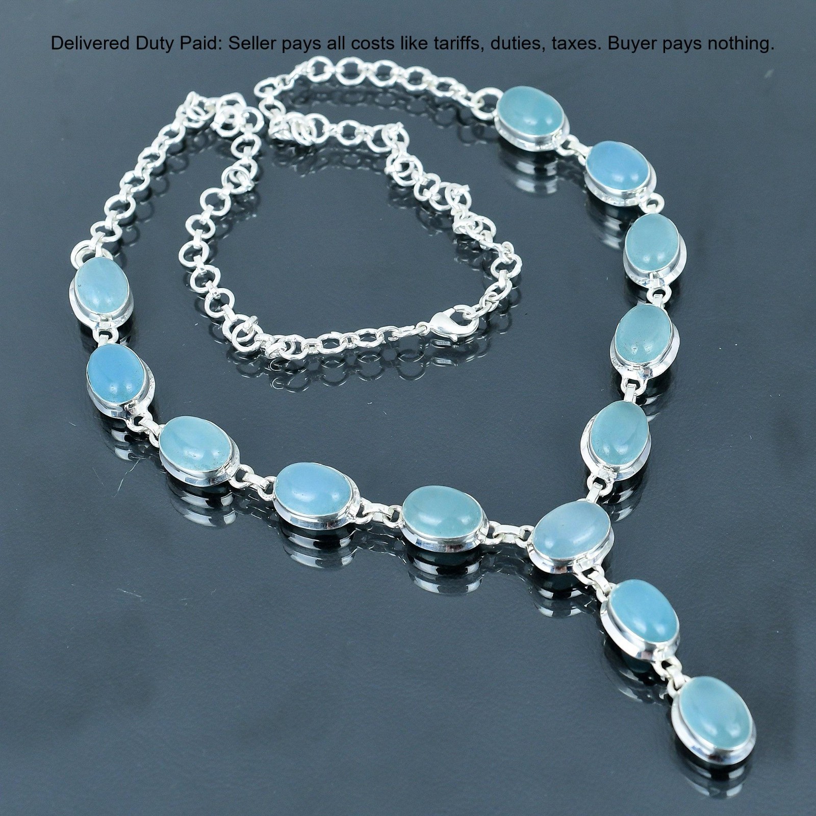 Valentines Deal Sterling Silver Oval Aquamarine Gemstone Chain Necklace Jewelry