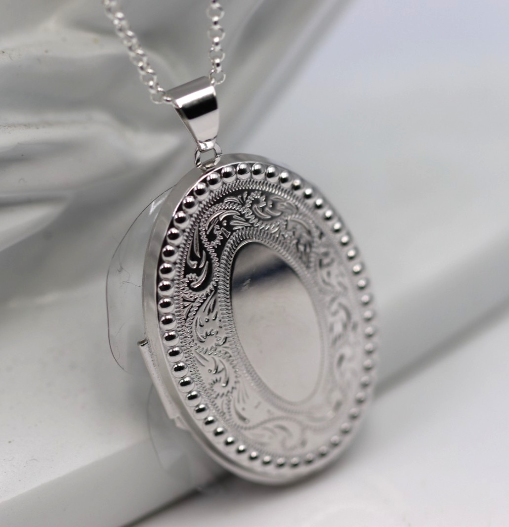 Sterling Silver 925 Large Engraved Border Oval Locket + 70cm Chain -Free Post