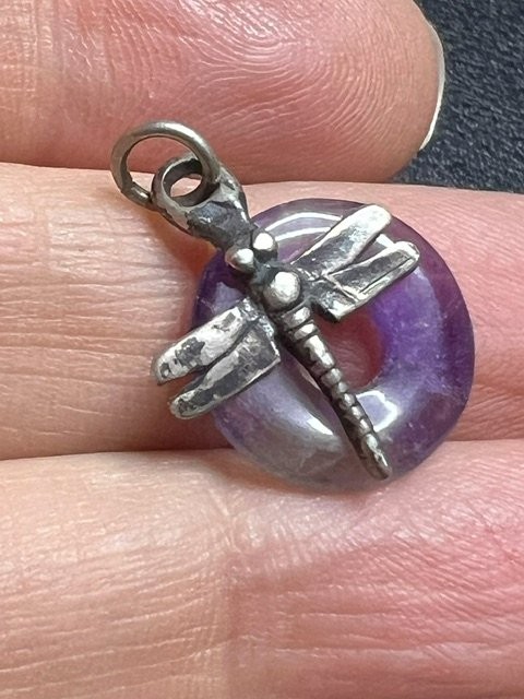 B4748 Sterling Silver Amethyst Dragonfly Pi Disc Pendant Nature Gemstone Charm