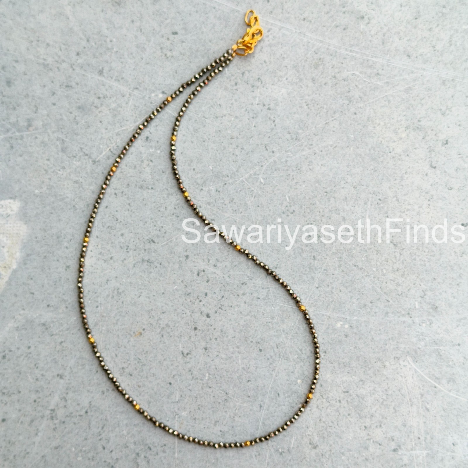 Faceted Pyrite Beaded Necklace, 2mm Rondelle Beads, Sterling Silver Clasp, Mini