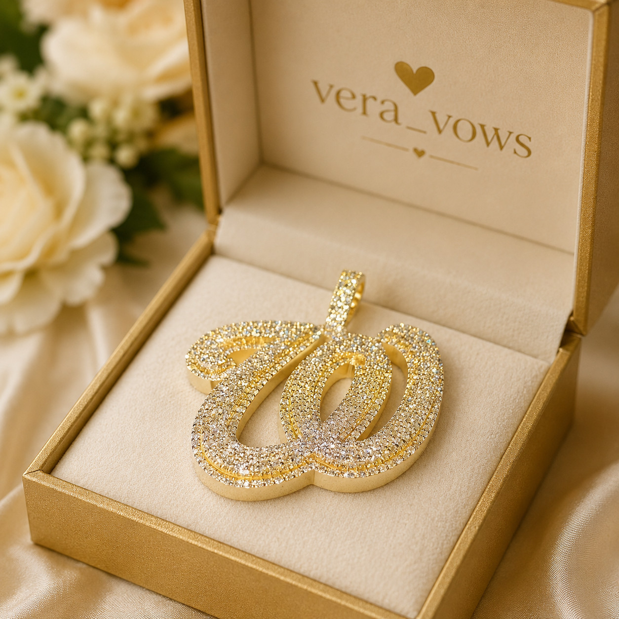 Moissanite Initial “W ” Letter Pendant 14K Yellow Gold Round Lab-Created Plated