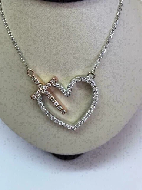 1.50 Ct Round Cut Real Moissanite Heart Cross Pendant 14K White Gold Plated