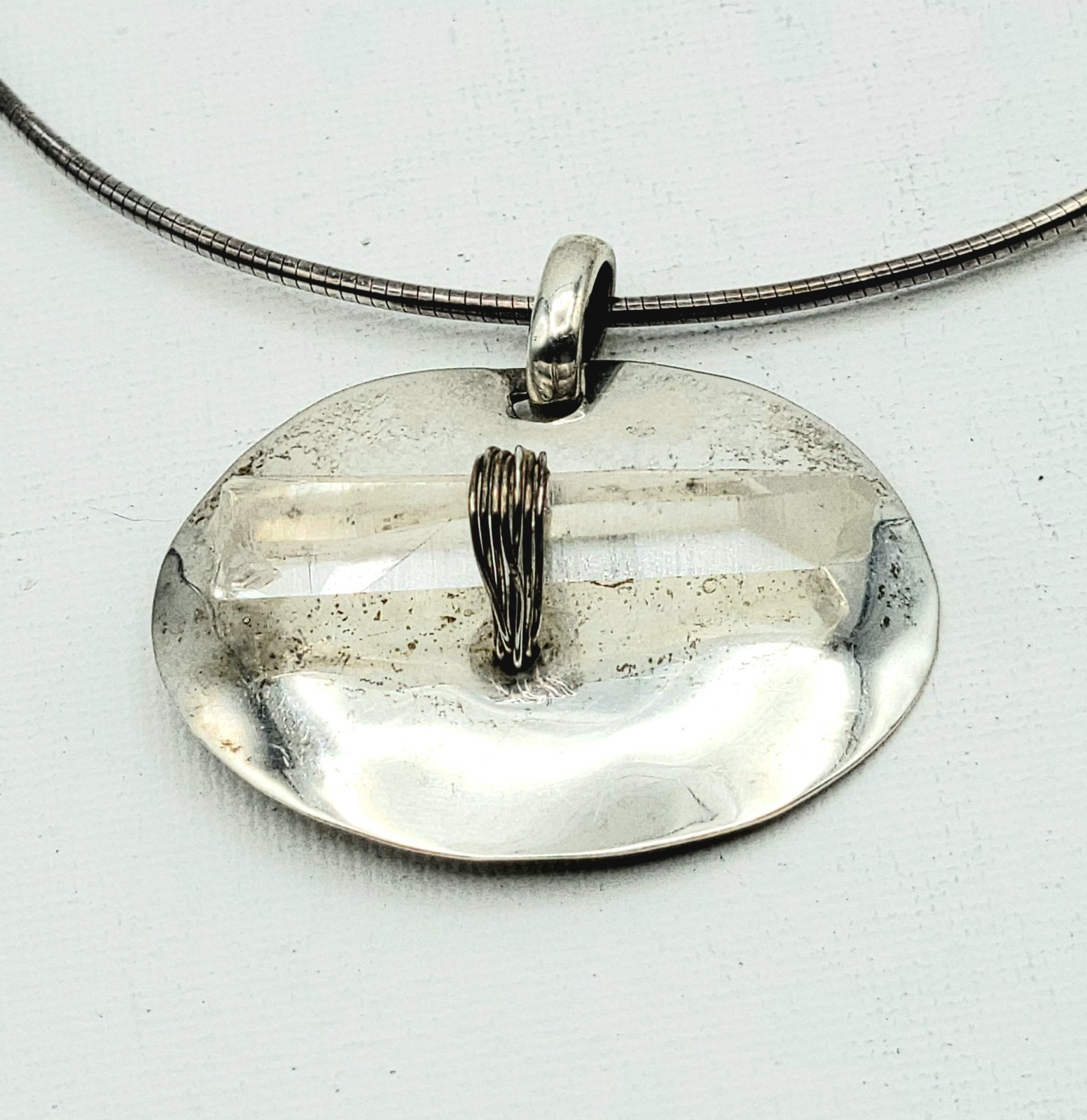 Sterling Silver Clear Crystal Quartz On Oval Silver Base Snake Chain 23gr Italy
