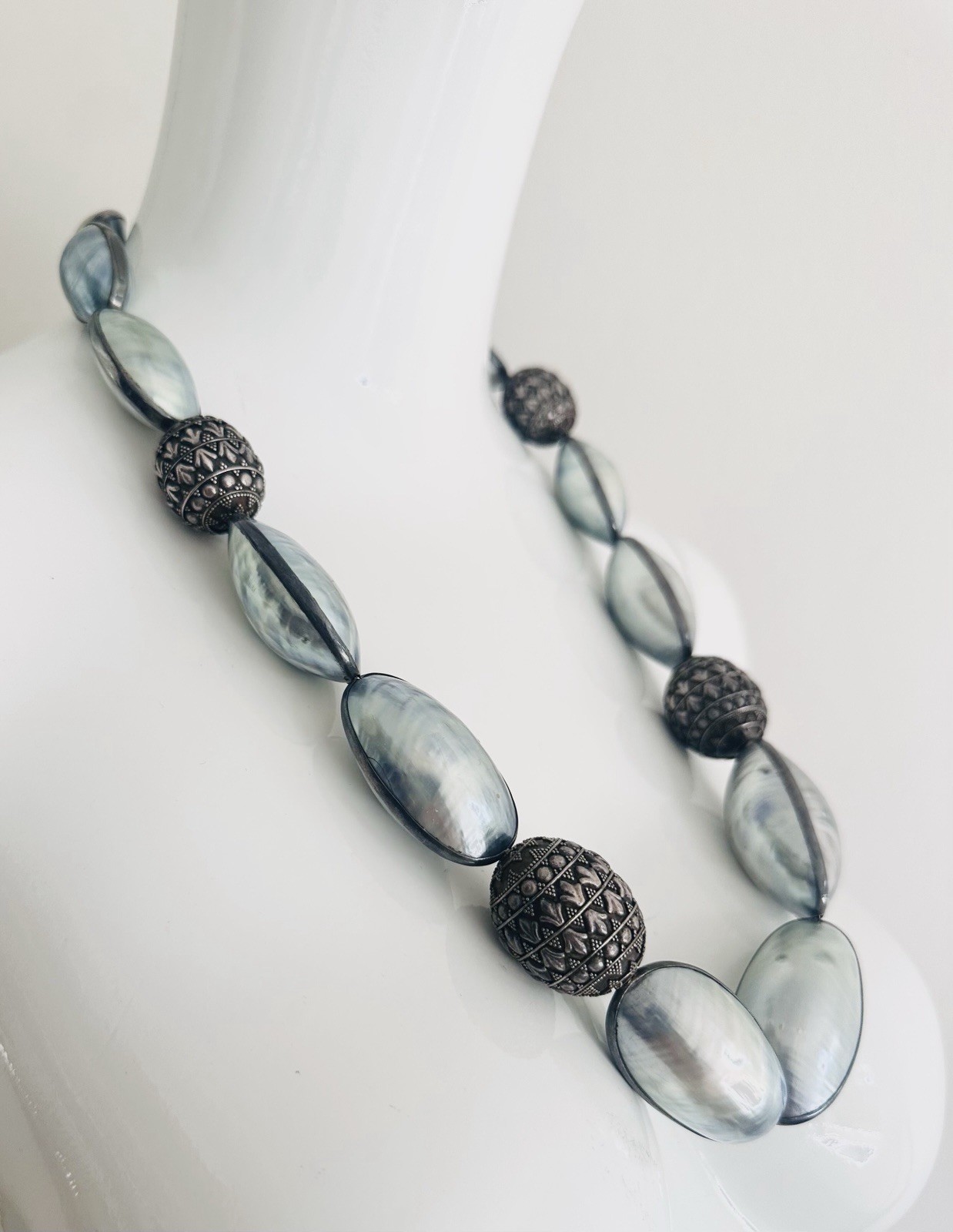 Rare Nautilus Osmena Pearl Antique 925 Silver Necklace 70cm Blue-Gray Iridescent