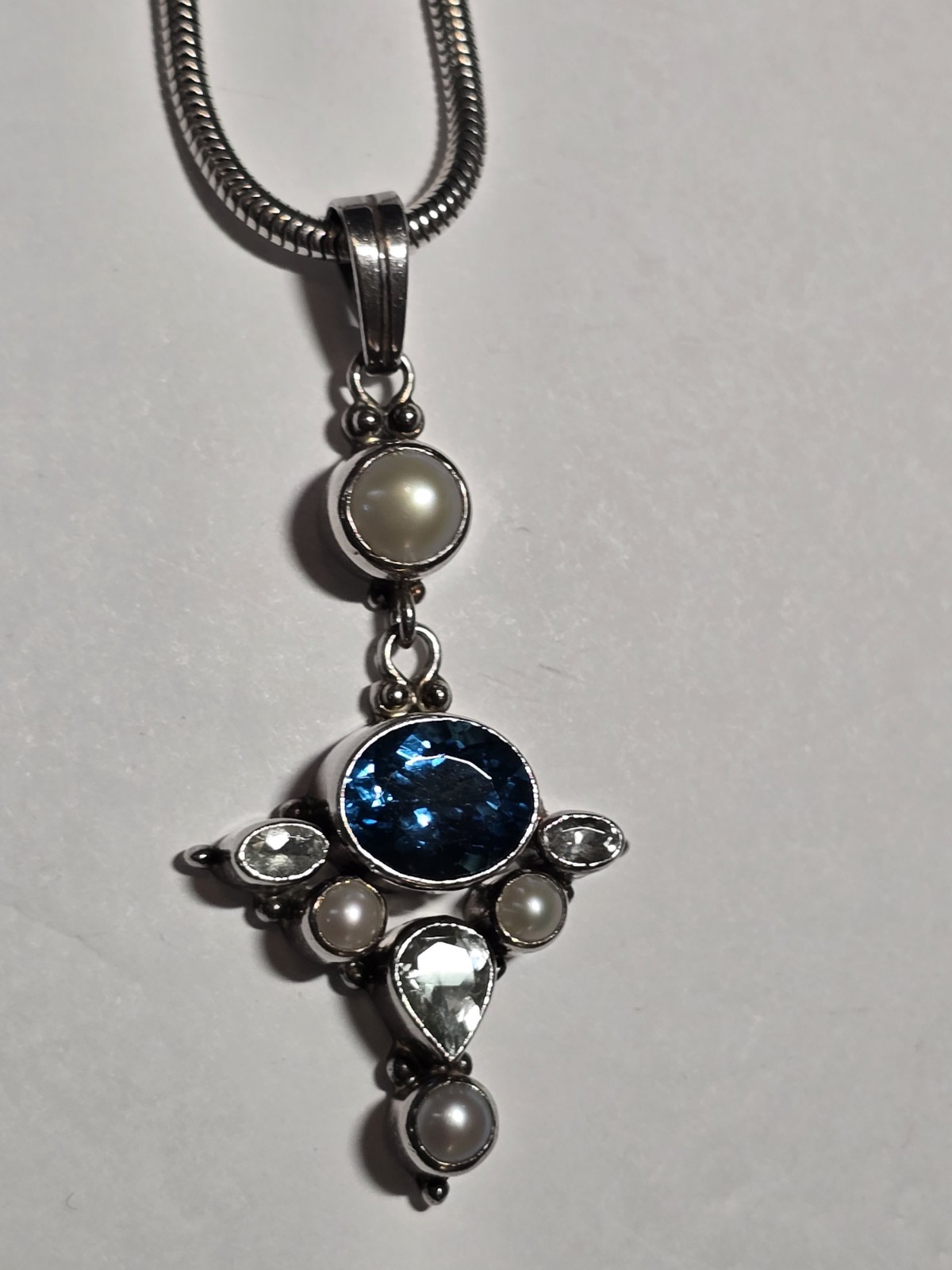 925 Sterling Silver Snake Chain Blue Stone Pearl Pendant 16″ Long