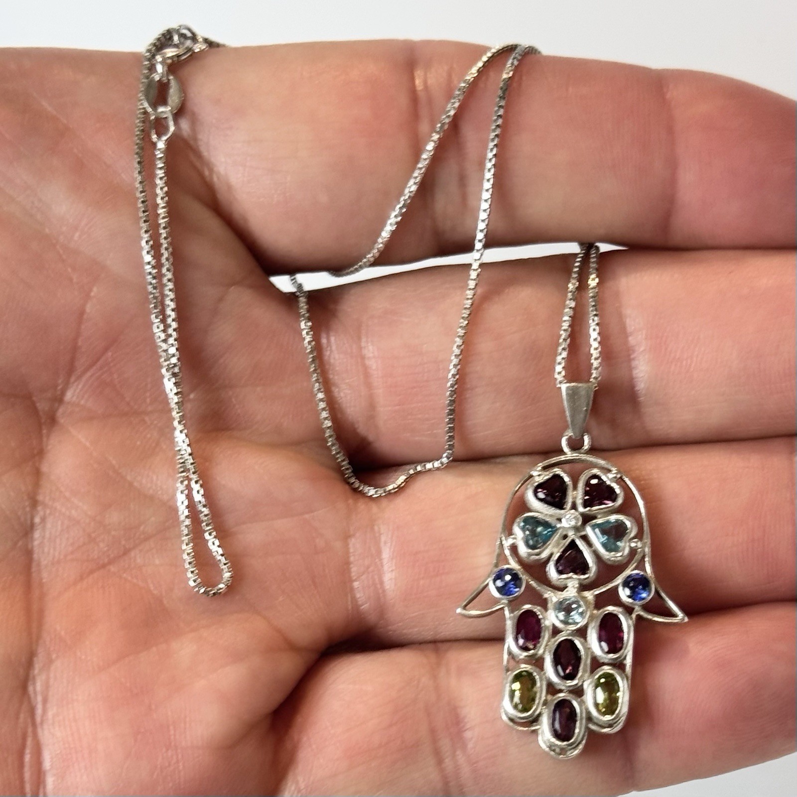Sterling Silver Hamsa Pendant w/ Color Stones On A 18.25in Box Chain-Necklace