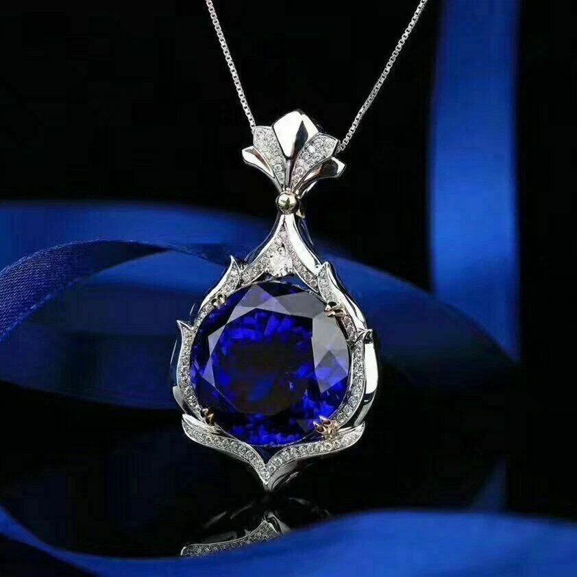 3Ct Round Cut Blue Sapphire Solitaire Pendent White Gold Finish 18” Free Chain