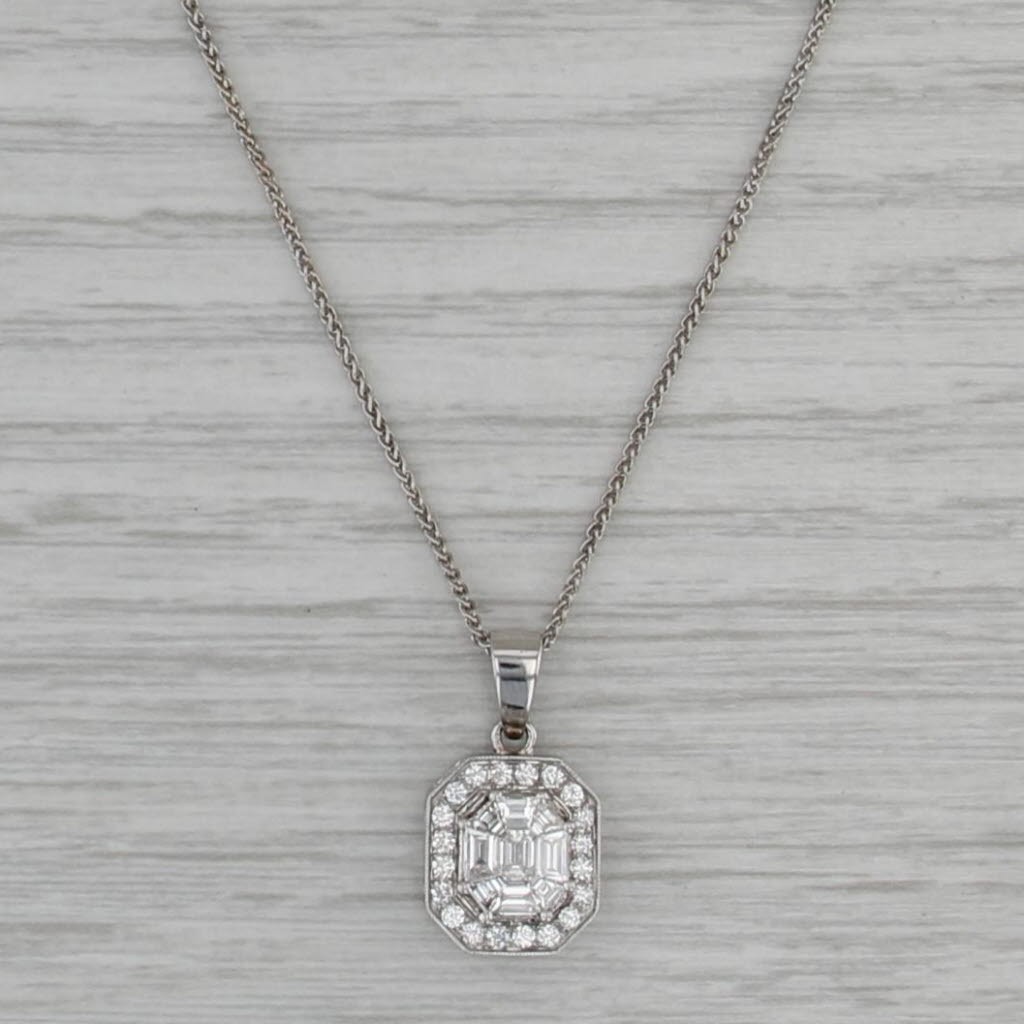 0.80ctw Diamond Halo Pendant Necklace 14k White Gold 18.25″ Wheat Chain