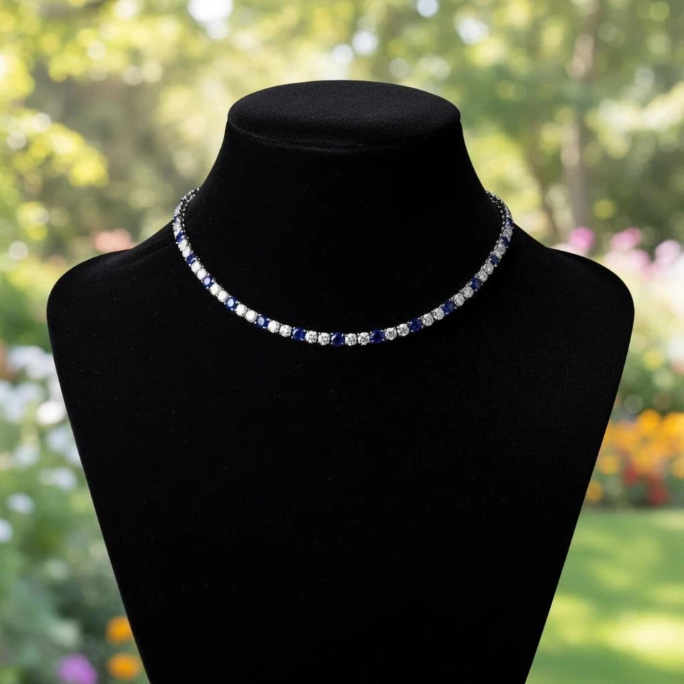 18TCW Round Lab Created Sapphire & Diamond Tennis Necklace 925 Sterling Silver
