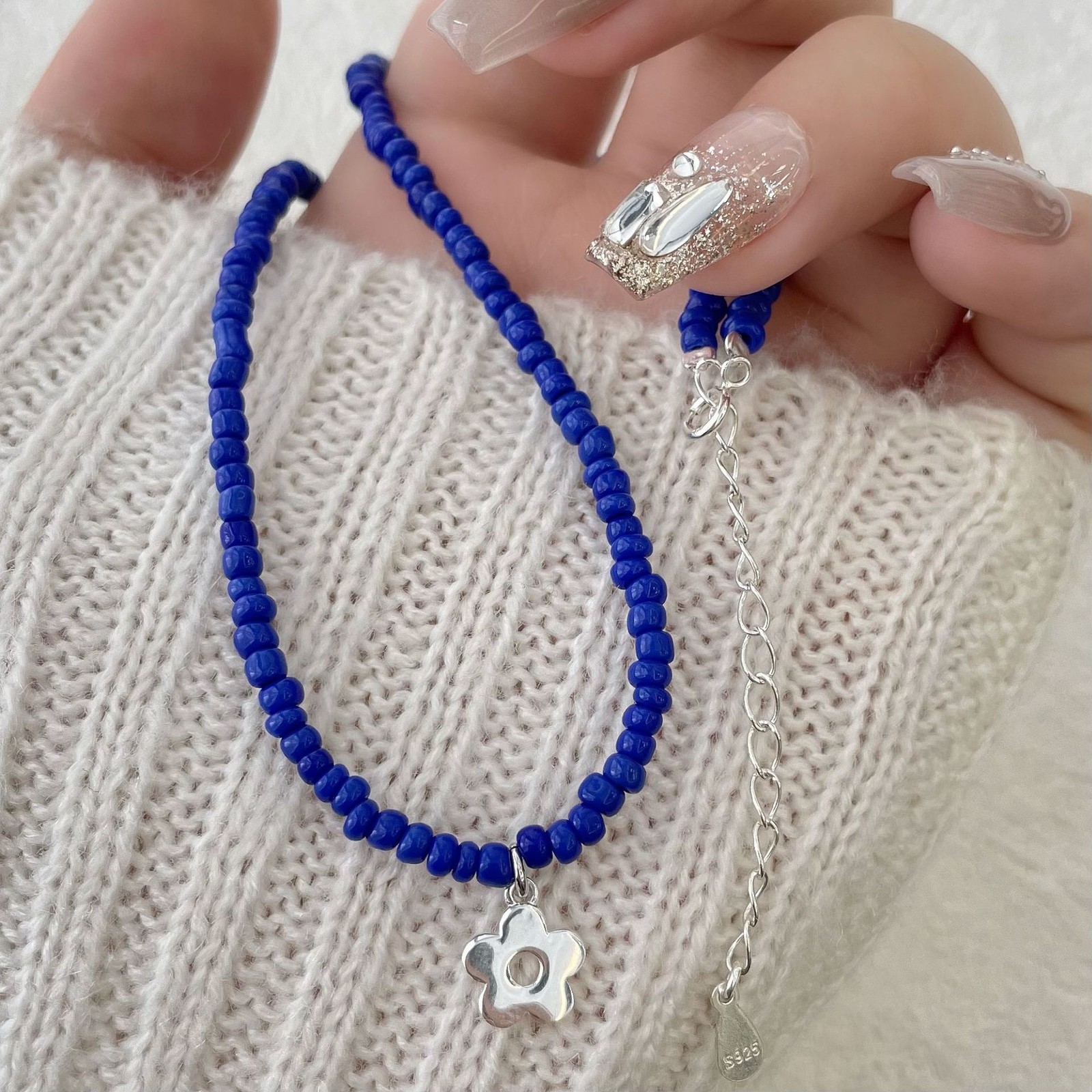 Klein Blue Beaded Choker Necklace S925 Silver Flower Charm Dainty Y2K Jewelry