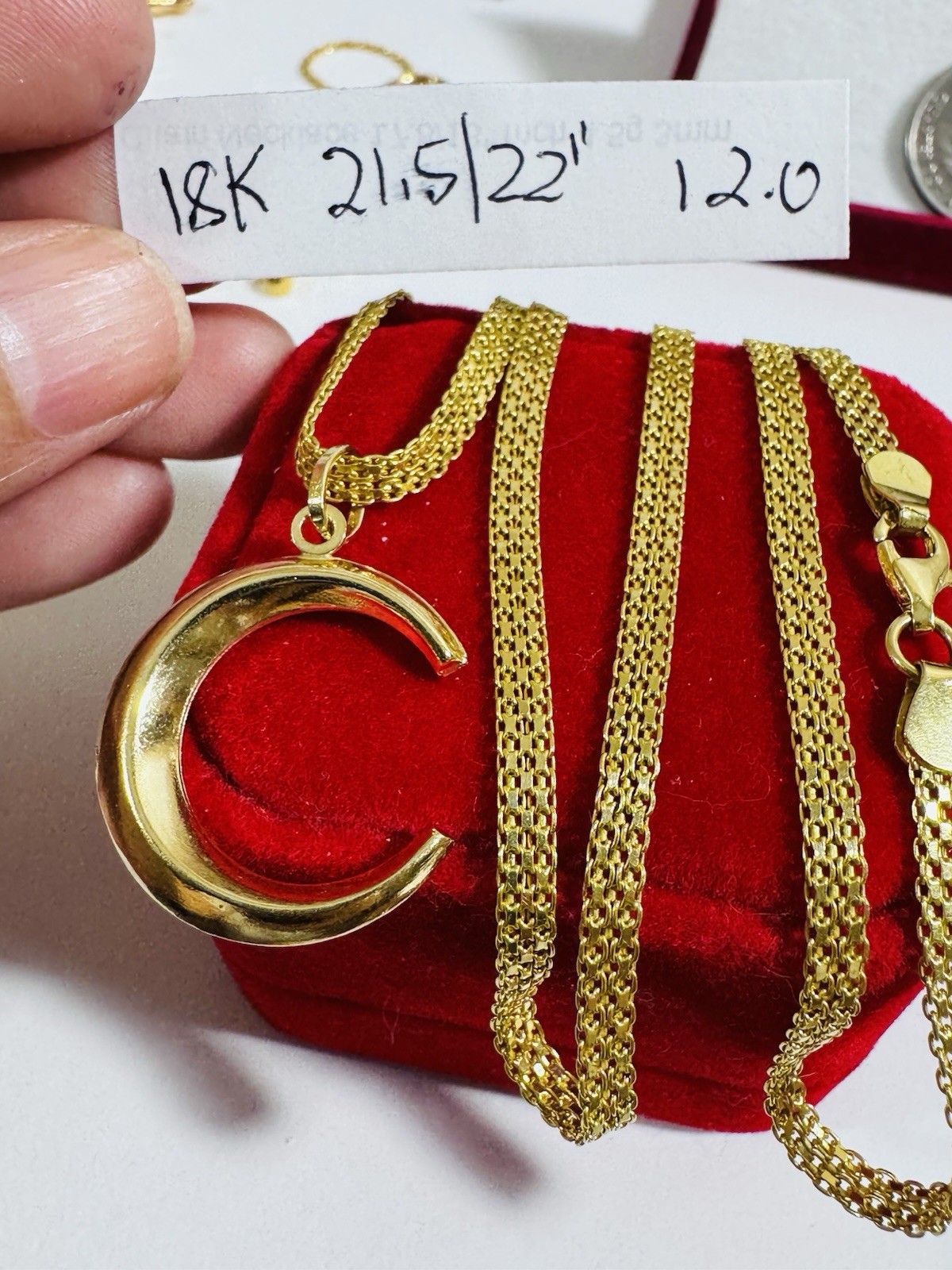 18K 750 Fine Genuine Gold Half Moon/Letter C Necklace 21.6/22” Long 12g 3.8mm
