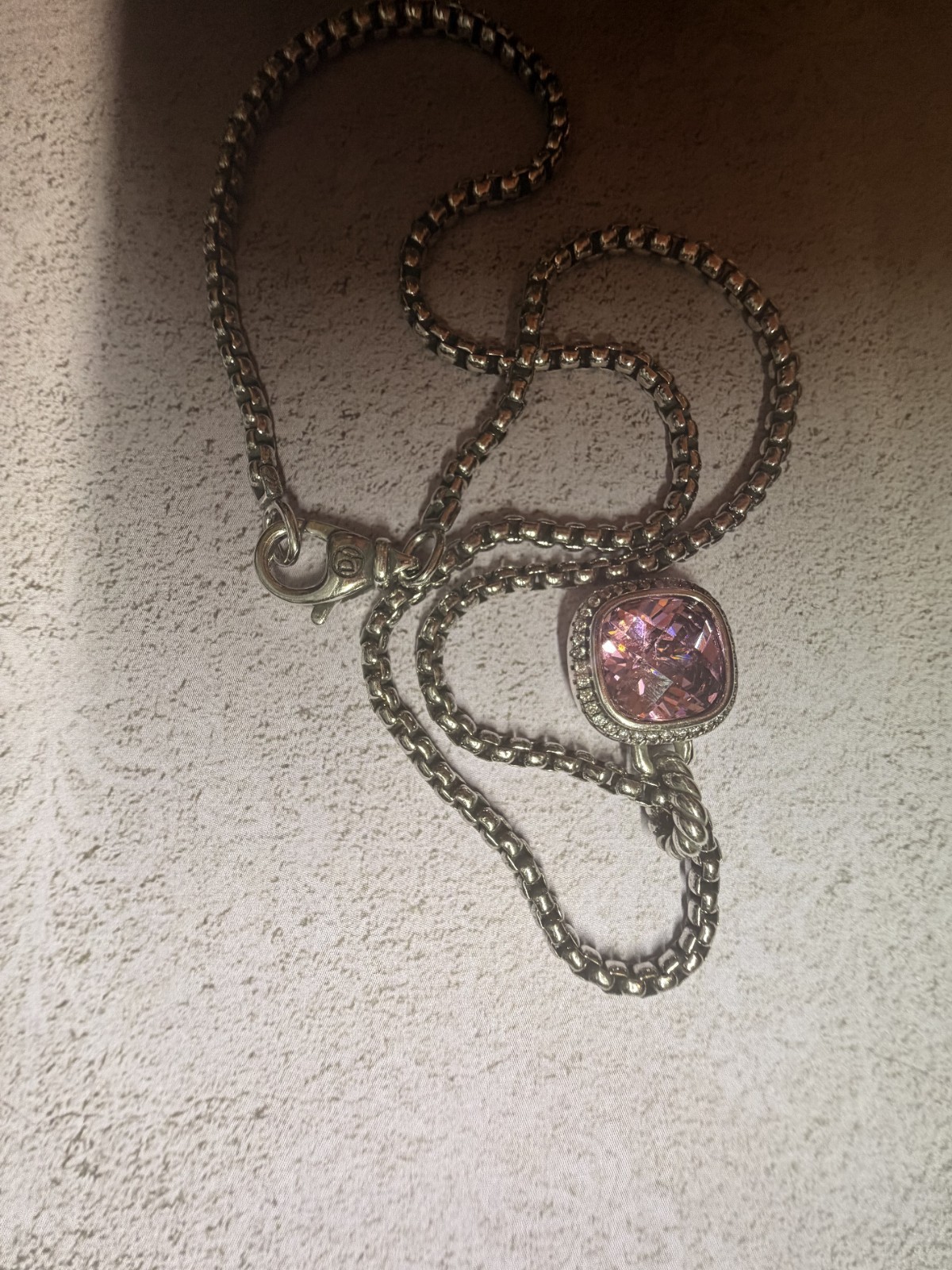 David Yurman Sterling Silver 925 Box Chain 14mm Necklace Pink tourrnaline 18″