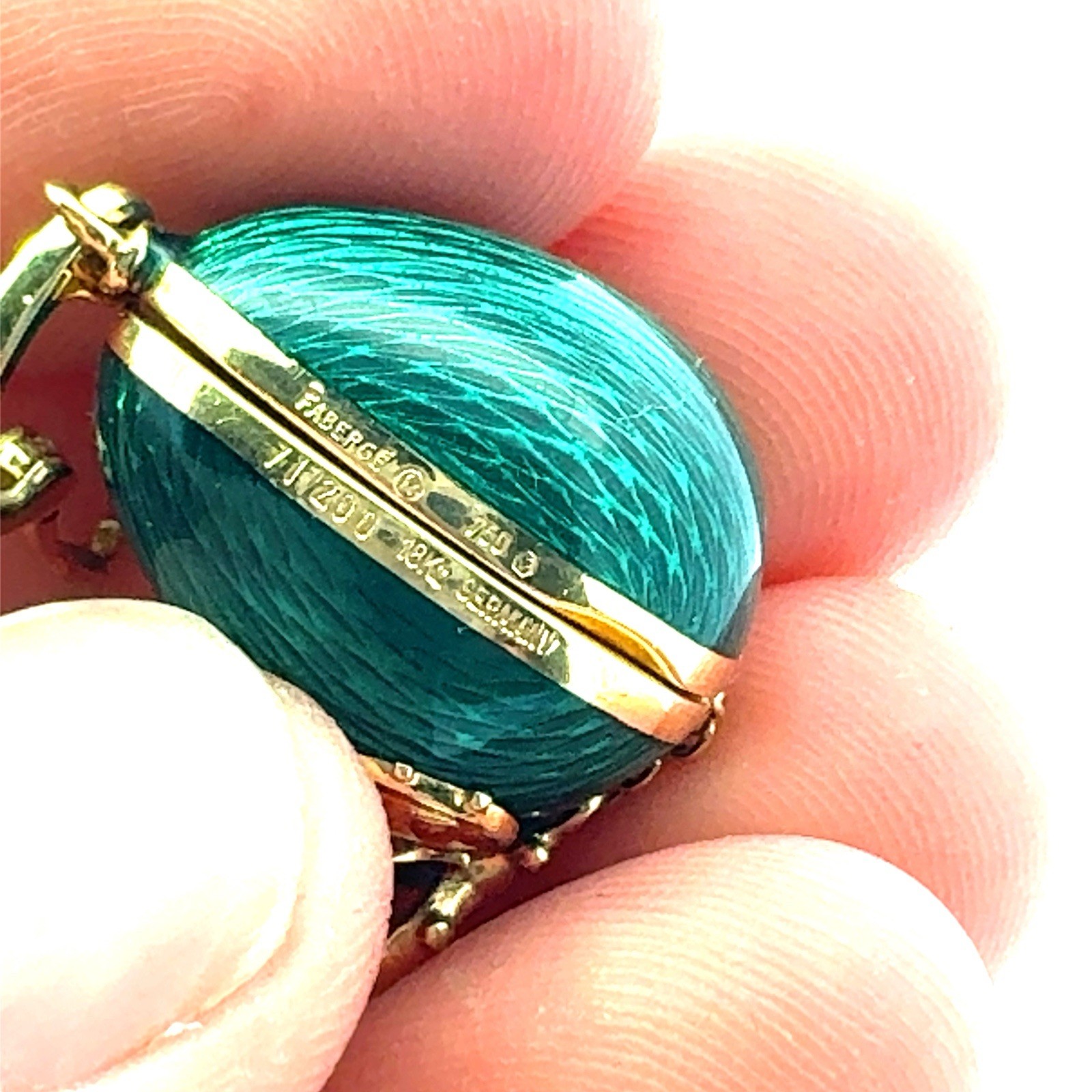 LADYBUG FABERGE EGG 18K YELLOW GOLD GREEN ENAMEL PENDANT /200 With Box
