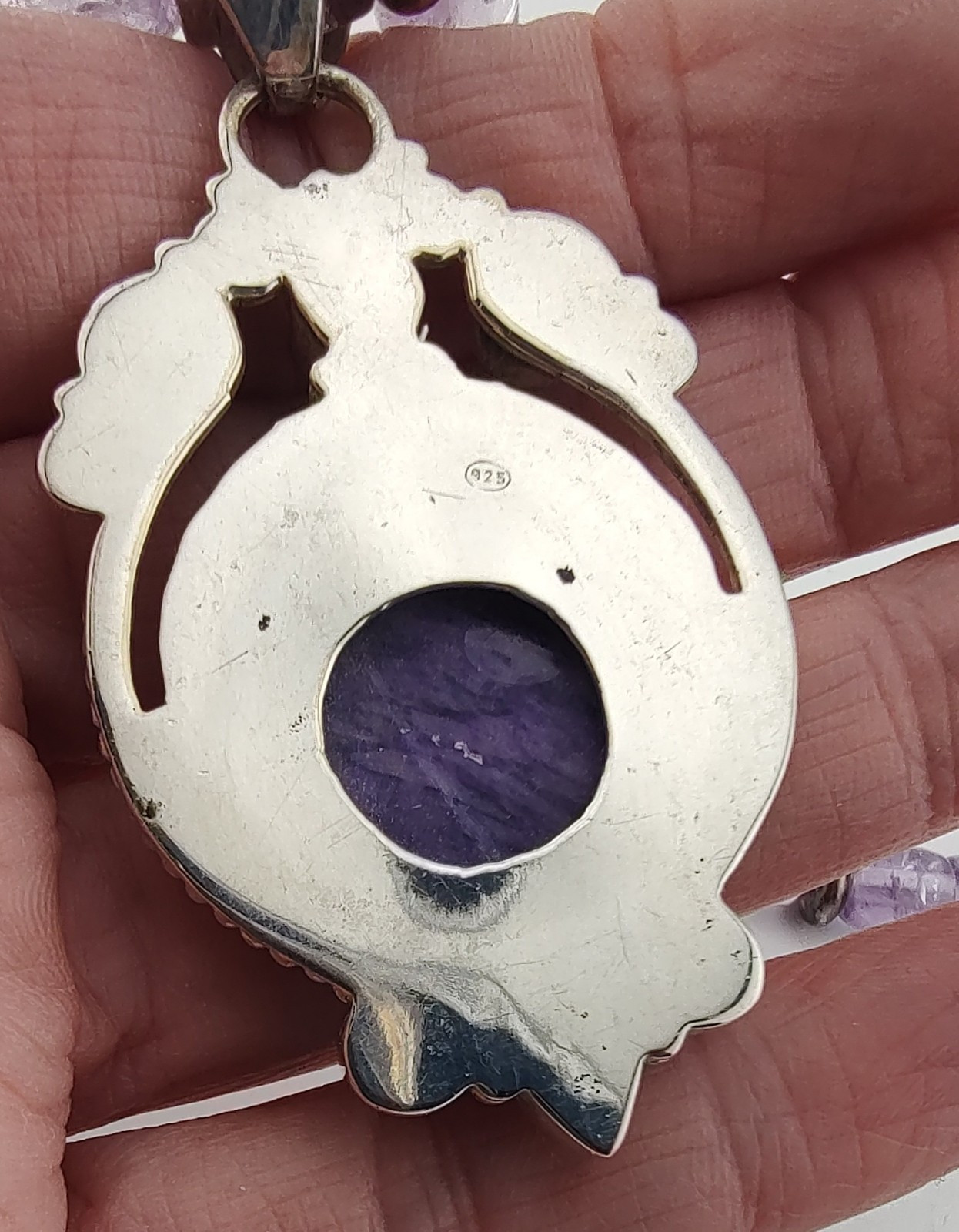 Charoite Amethyst Bead Sterl Silver Purple Goddess Gemstone Pendant Necklace 20″