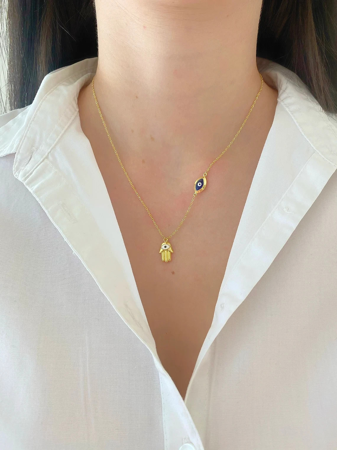 GOLD – 14K Yellow Gold Hamsa + Evil Eye Necklace – 17+1″