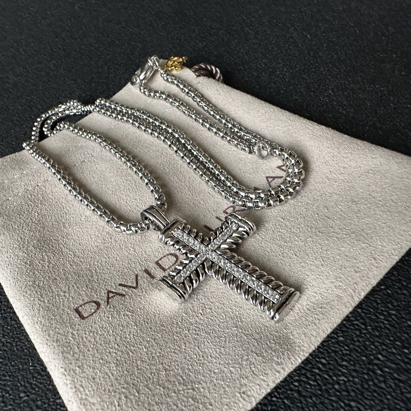 David Yurman Diamond Cable Cross Pendant Silver Classic Box Chain Necklace 55cm