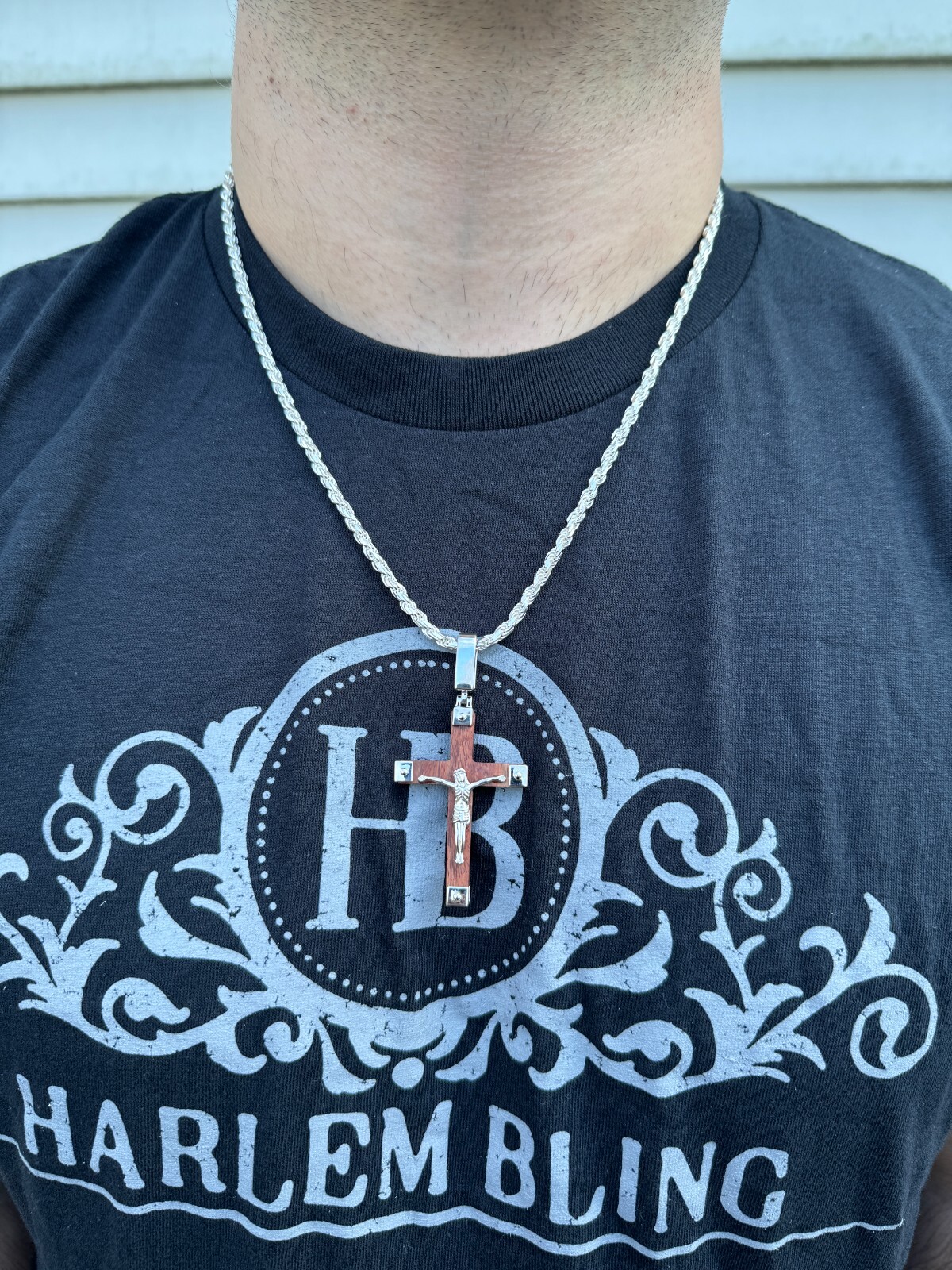 Plain Real 925 Silver & Natural Wood Jesus Cross Pendant Necklace ITALY Handmade
