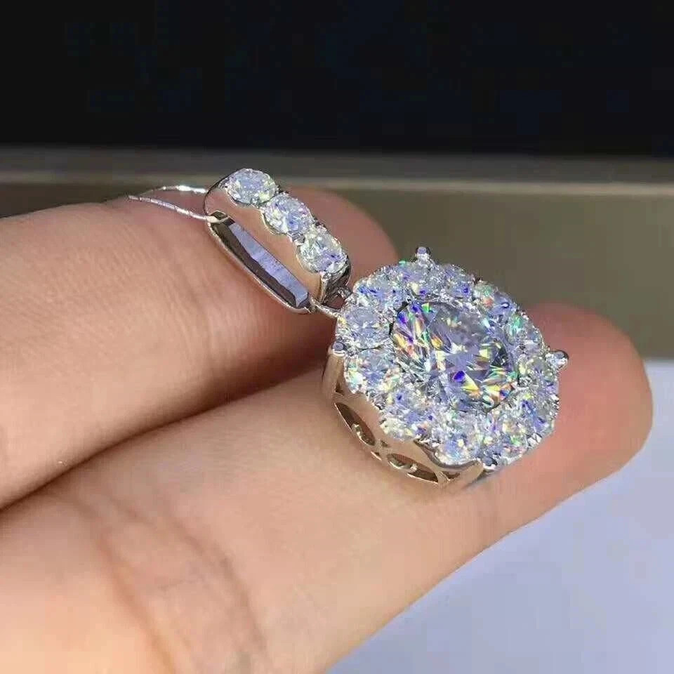 4 Ct Round Cut Moissanite Halo Pendant 18″ Free Chain 14k White Gold Plated