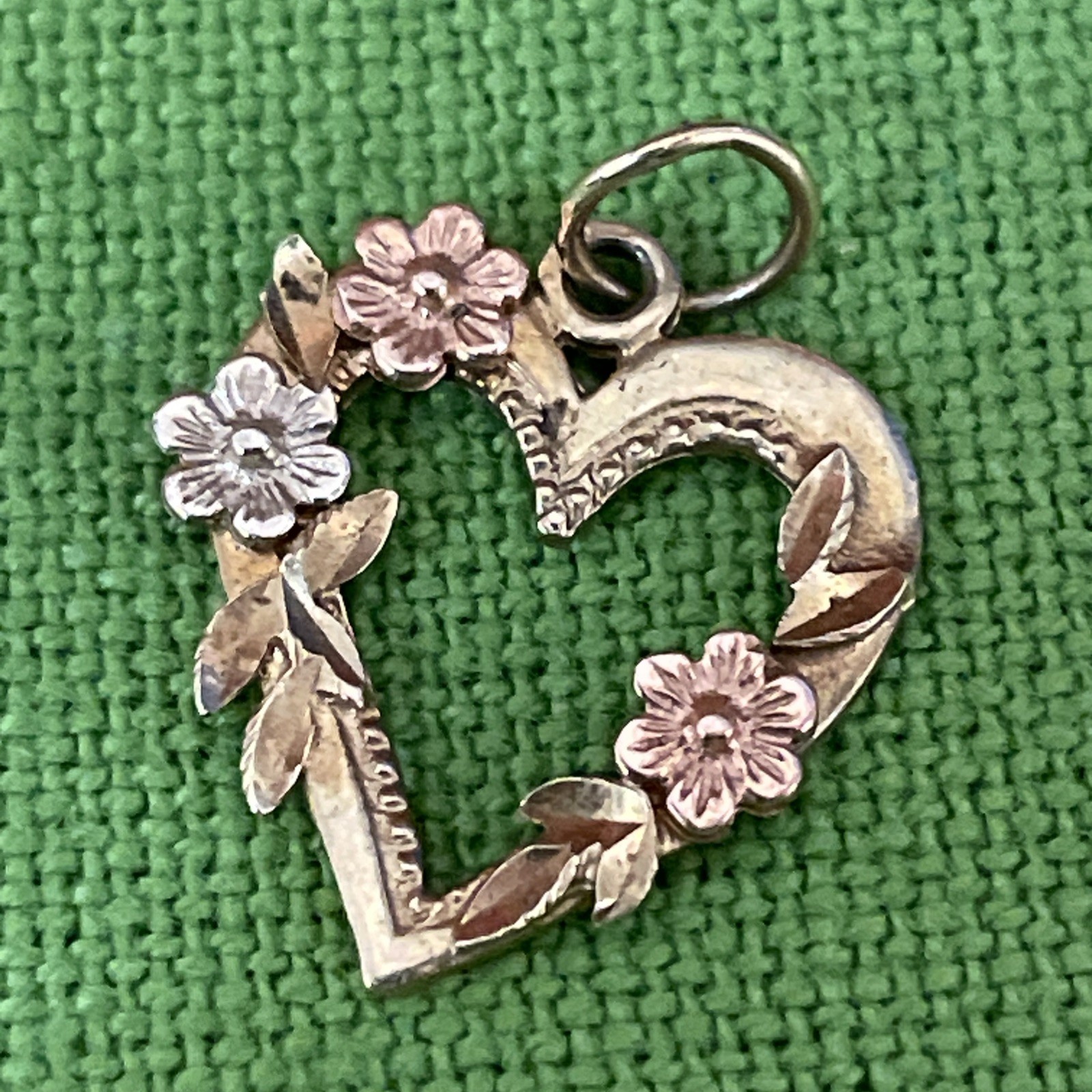 Solid 14K Yellow Rose White Gold Heart Love Flower Pendant
