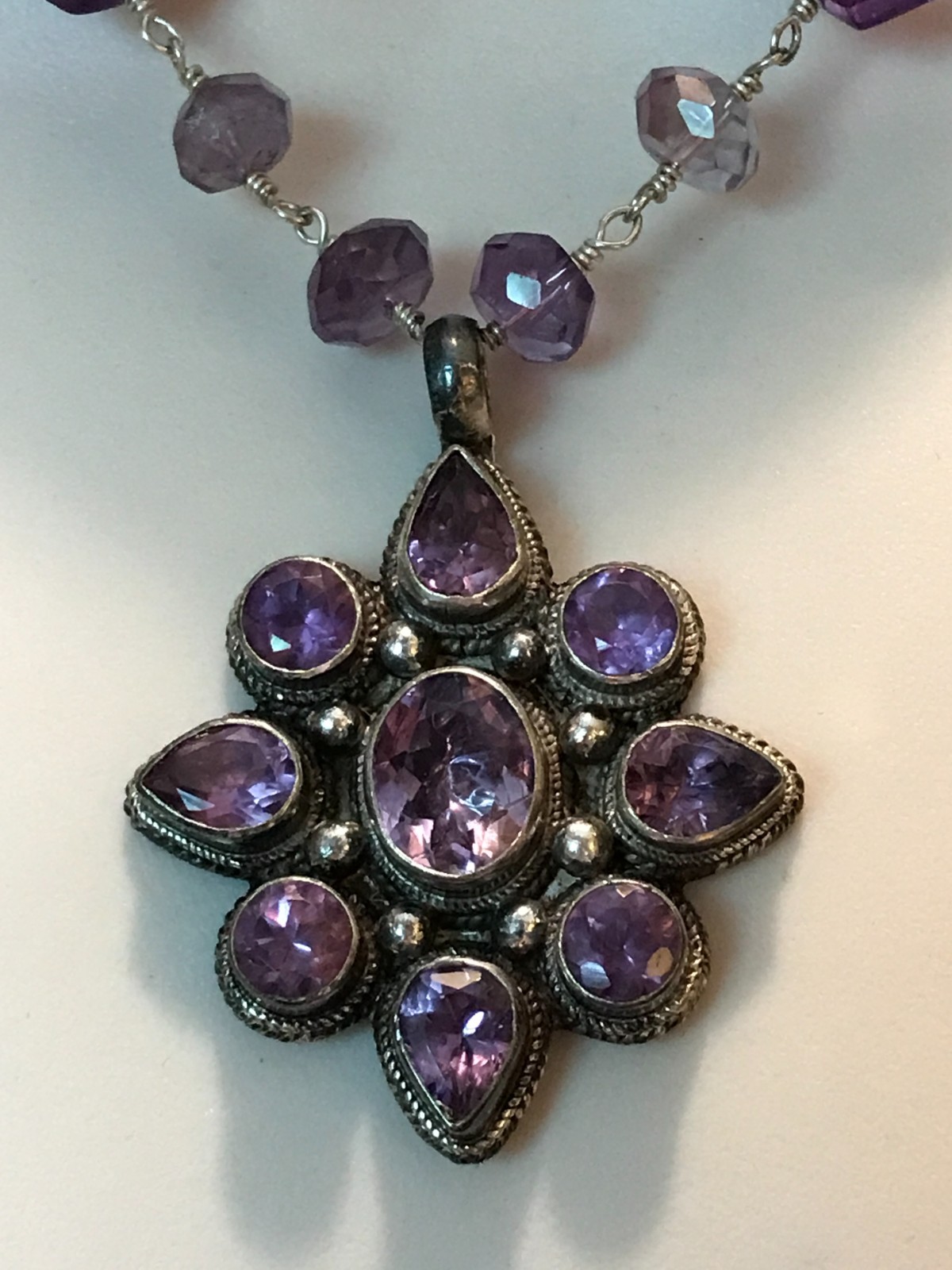 Vintage Faceted Amethyst Flower 16″ Sterling Silver Toggle Necklace Unknown Mark