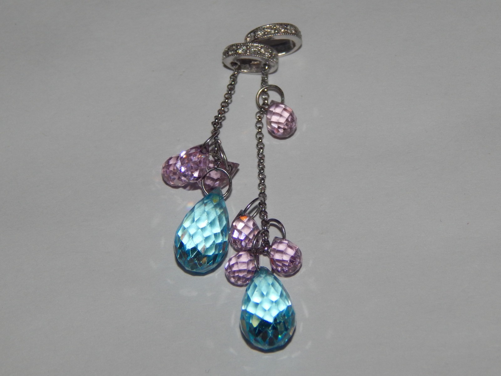14K WHITE GOLD DIAMOND & BLUE PINK TOPAZ 2 INCH DANGLE PENDANT