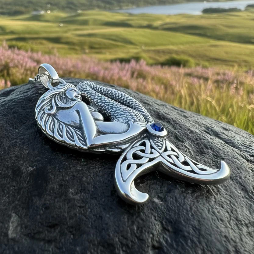 Celtic Mermaid Necklace in Sterling Silver 925 Large Nautical Beach Pendant