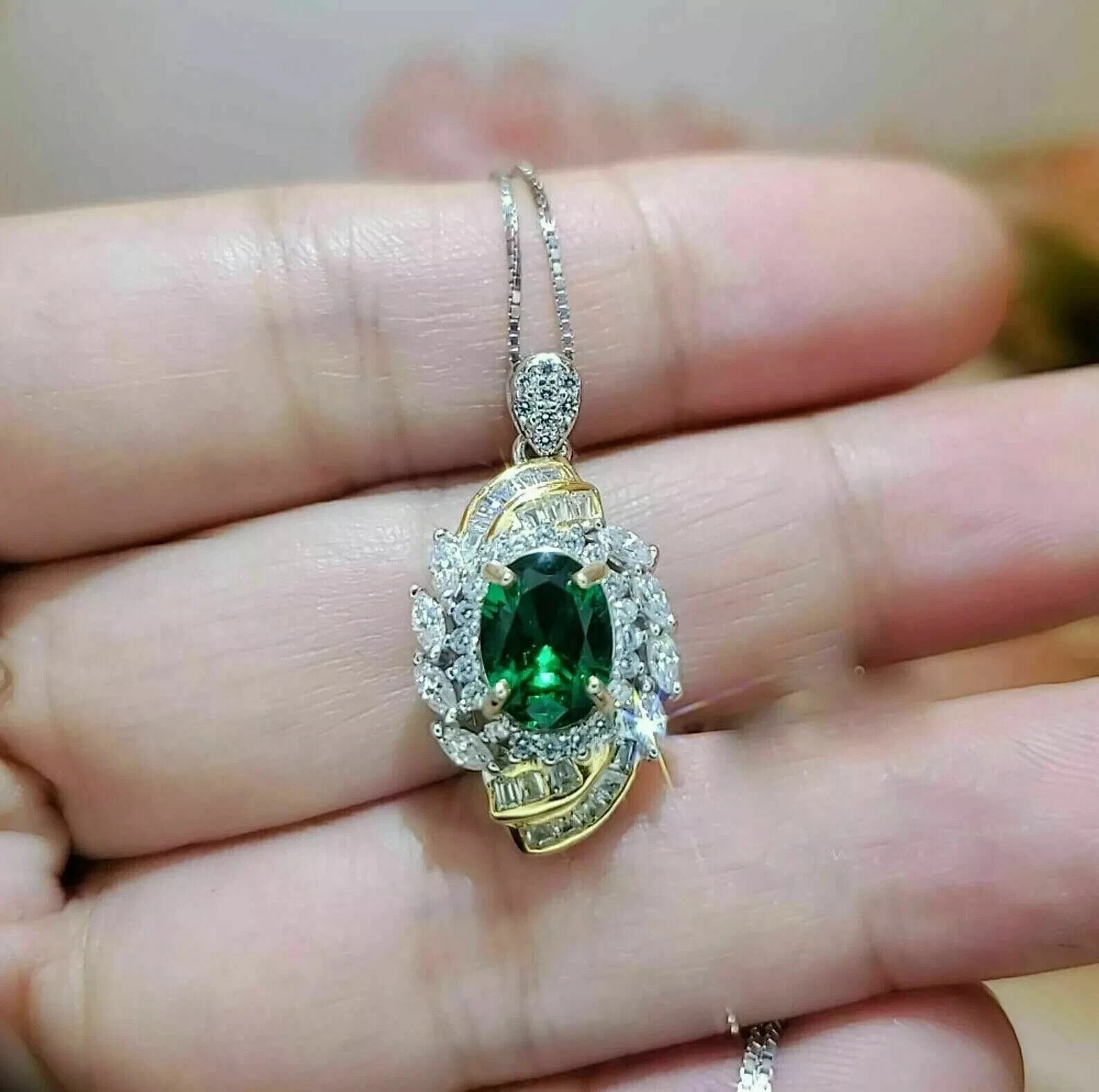 2Ct Oval Cut Lab-Created Emerald Cluster Women Pendant 14K Two Tone Gold Plated